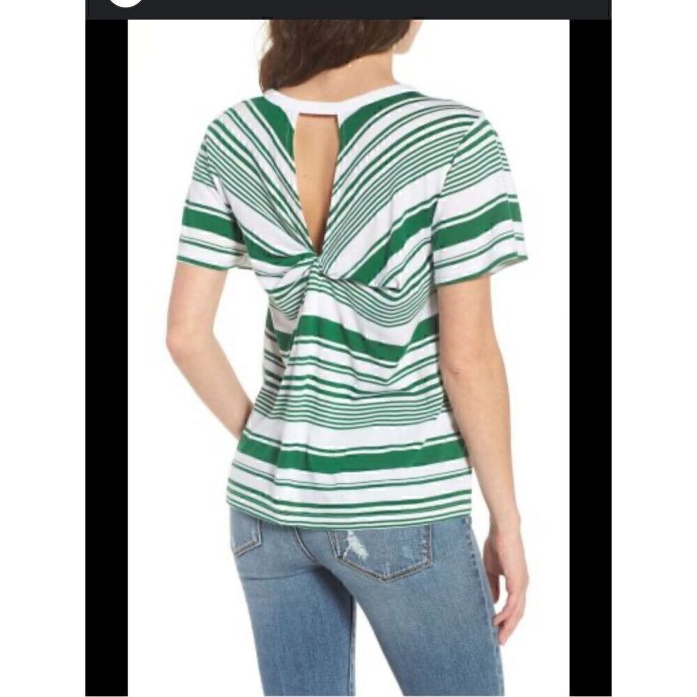 B.P. XS green and white short sleeve twist back tee shirt with open back